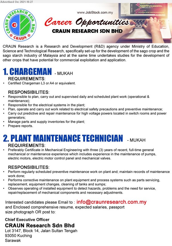craun-vacancy-november-2021-chargeman-plant-maintenance-technician.jpeg - Craun Research Sarawak